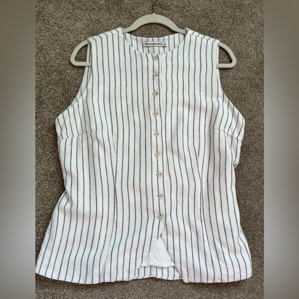 Abercrombie & Fitch button up Linen Vest Top Blouse tie-back stripe